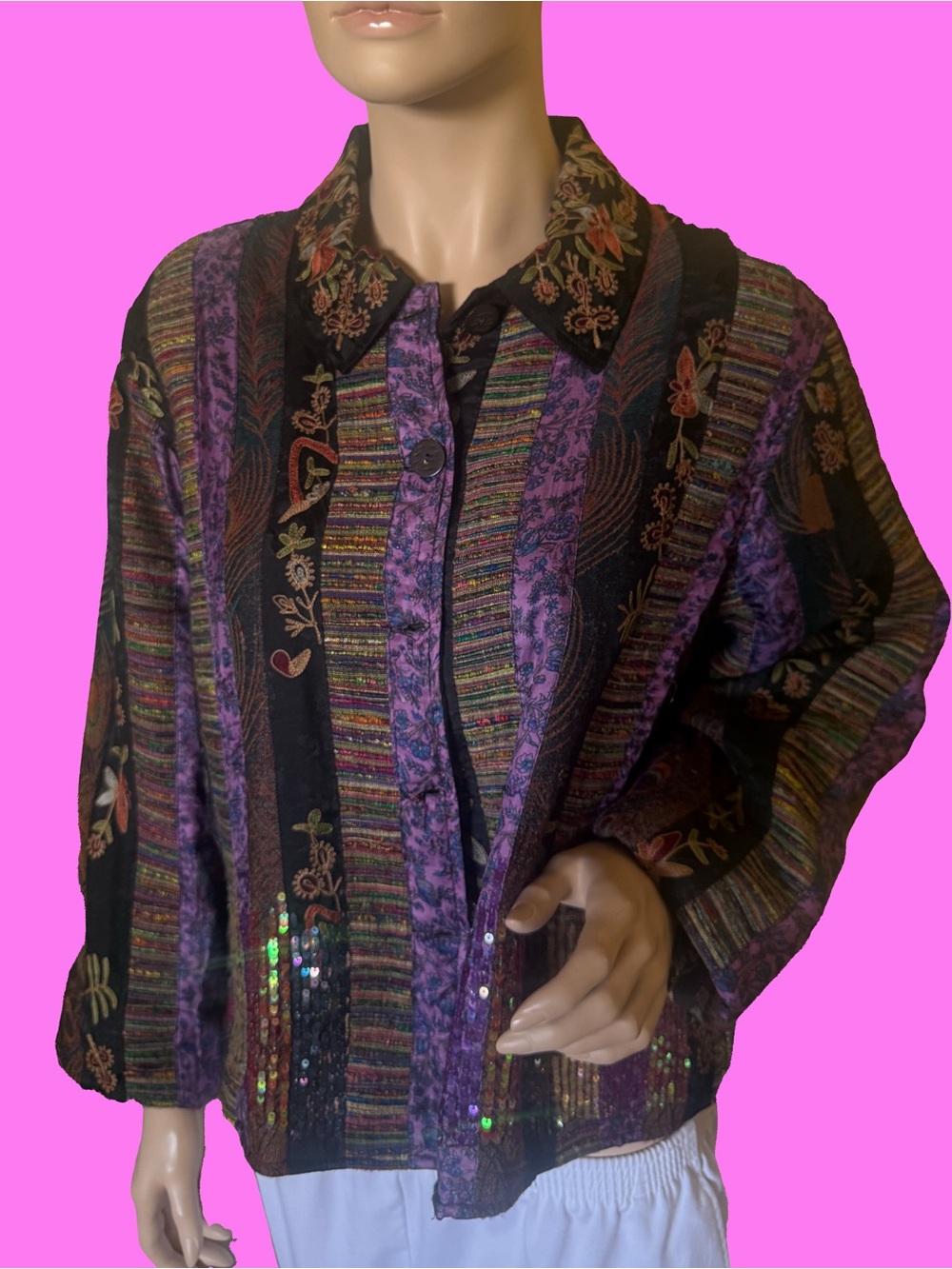 Coldwater Creek Purple & Black Embroidered Striped Button-Down